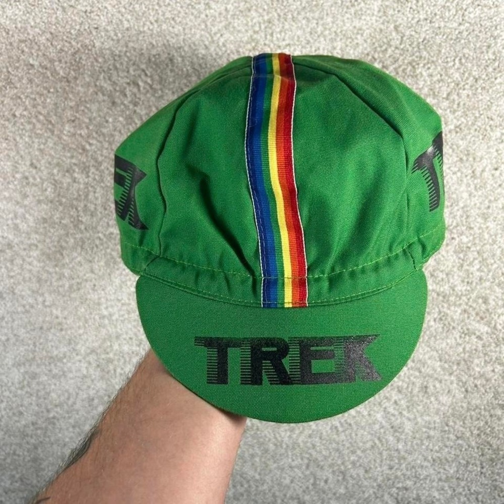 Vintage 80s Trek bicycle cycling green rainbow stripe cycling hat cap Osfm